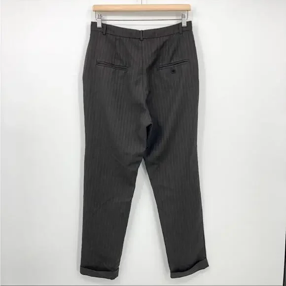 Reformation Brown Pinstripe Straight Pull-On High Waist Slack Office Crop Pant 6 - Picture 2 of 6